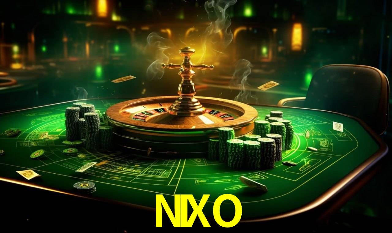 Una escena digital vívida inspirada en casino con NIXO mostrado prominentemente, luces brillantes, fichas, cartas y acentos dorados.