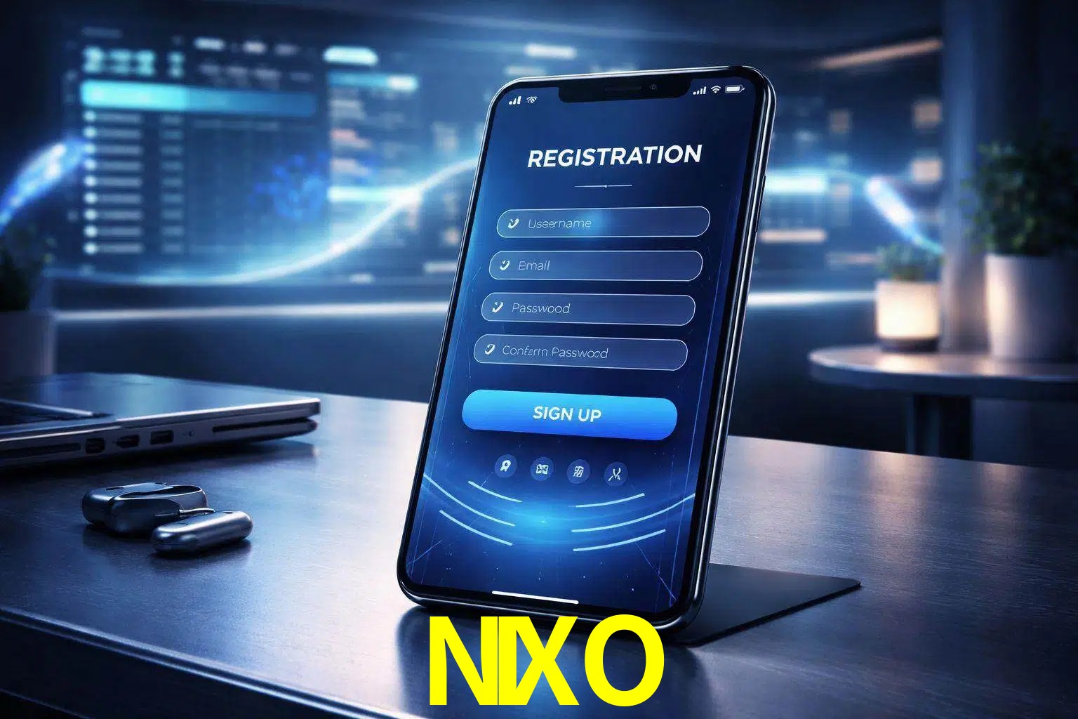 Una interfaz moderna de registro móvil para NIXO mostrada en un smartphone con un panel de apuestas elegante.